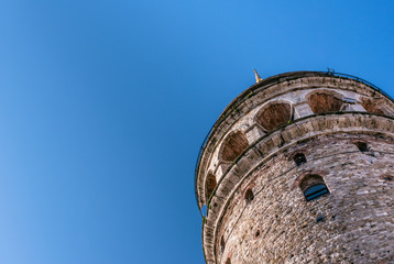 View of Galata Tower(Turkish: Galata Kulesi) called Christ Tower by Genoese a famous medieval landmark architecture in Istanbul, Turkey,February 18,2017.Copy space for editing.