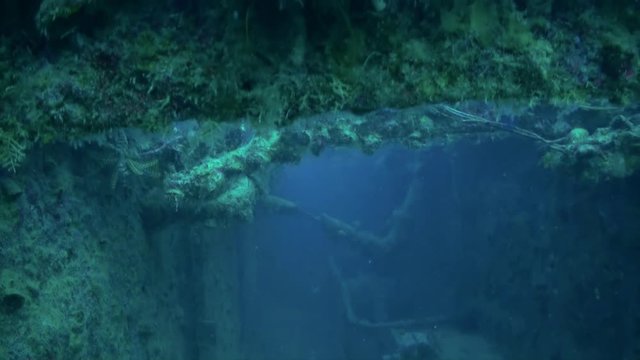 Shipwreck underwater in Red Sea Egypt. Ghost ship background of fish in the blue lagoon on coral reef. Extreme tourism.Deep diving.