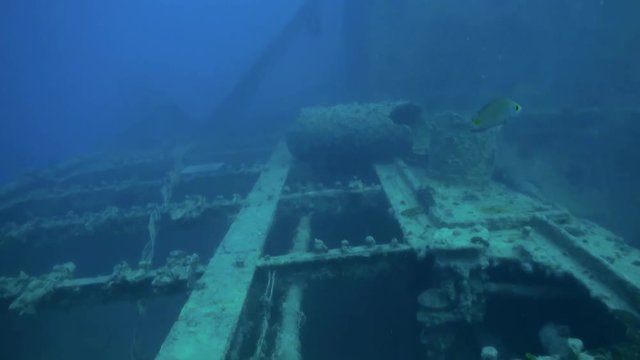 Shipwreck underwater in Red Sea Egypt. Ghost ship background of fish in the blue lagoon on coral reef. Extreme tourism.Deep diving.