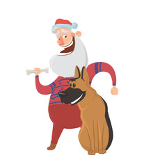 Happy laughing Santa Claus and a dog. Characters for new year's cards for year of the dog according to the Eastern calendar. Vector Illustration, isolated on white background.