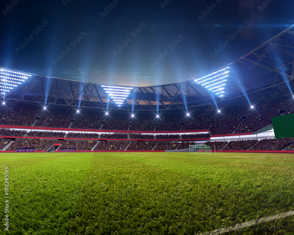 Wall mural evening stadium arena soccer field background 3d illustration