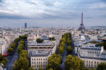 View of Paris from the Arc de Triomphe with the two towers in the background. Paris, France