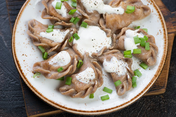 Closeup of boiled russian vareniki or rye dumplings served with sour cream and green onion, elevated view