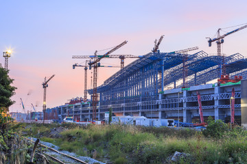 Fototapeta premium train station construction site, Bangkok, Thailand, erection bridge box girder