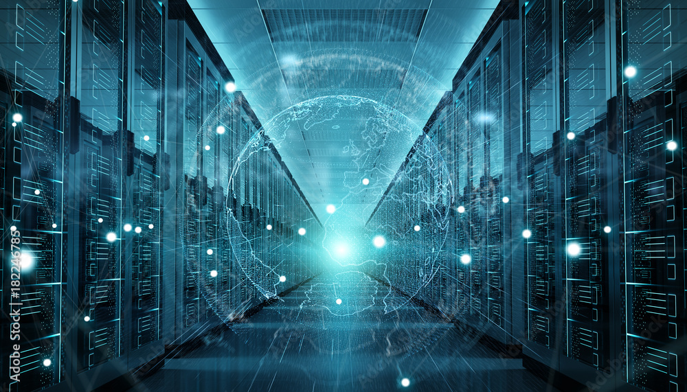 Poster Earth network flying over server room data center 3D rendering