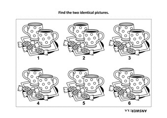 IQ training find the two identical pictures with tea cups and candy visual puzzle and coloring page. Answer included.
