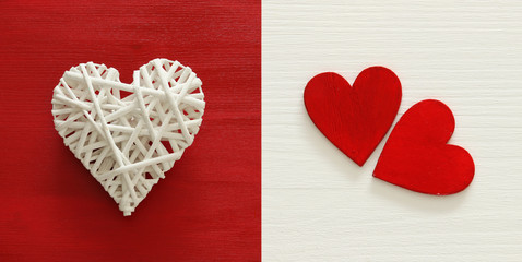 Valentines day background collage. White and red hearts. Top view.
