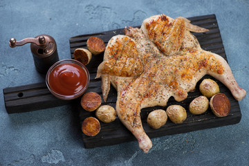 Black wooden serving board with roasted tapaka chicken, cherry potatoes and sauce, studio shot