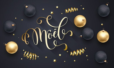 Joyeux Noel French Merry Christmas golden decoration, hand drawn calligraphy golden font for invitation on black festive background. Vector Christmas or New Year holiday star shiny confetti decoration