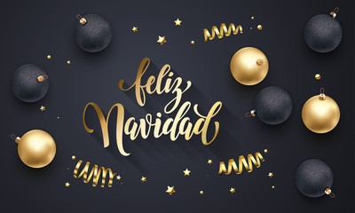 Fototapeta premium Feliz Navidad Spanish Merry Christmas golden decoration, calligraphy gold font for greeting card black background design. Vector Christmas, New Year holiday shiny star confetti star golden decoration