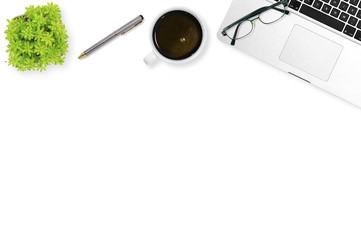 White desk with a lot of things on it  with modern laptop computer. Top view and free copy space.