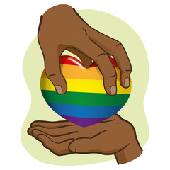 Illustration hand handing the rainbow heart to another, afro descent. Ideal for institutional and LGBT romantic materials