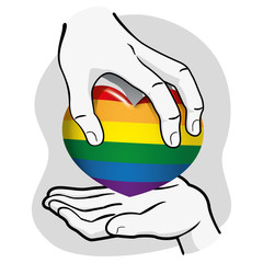 Illustration hand handing the rainbow heart to another, black and white. Ideal for institutional and LGBT romantic materials