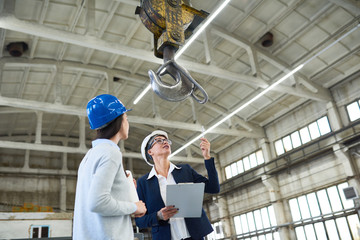 Cheerful female investor in hardhat pointing at construction crane and discussing building with...
