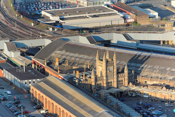 Above the city. Aerial view of Bristol Temple Meads, England.

