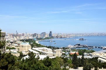 Fototapeta na wymiar Baku.Azerbaijan.Panorama.View on the coastal bay of the capital on the Caspian Sea.