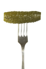 Pickled cucumber on a fork