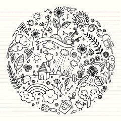 Hand drawing cute doodle ecology concept ,round design element made from icons and signs