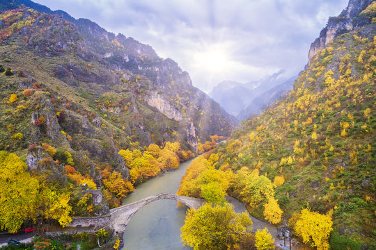 Aerial view of Konitsa bridge and Aoos River an autumn day, Greece