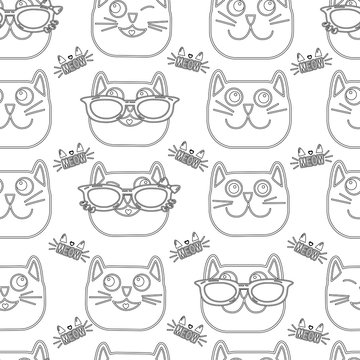 Abstract seamless cats pattern on white background with monochrome face. Cute childish repeated backdrop for child, wrapping paper. pet and dots wallpaper. Set of colorful cats faces with glass