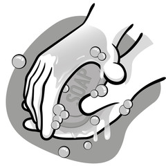 Illustration of a person washing hands with soap and water, black and white. Ideal for training, informational and institutional material catalogs