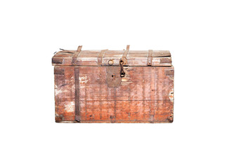 Ancient wooden chest upholstered with iron bands isolated on white background. Large brown rusty chest in retro style. Storage of objects