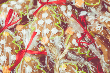 Christmas homemade gingerbread cookies at traditional market in Cracow, Poland. One of the most traditional sweet treats.