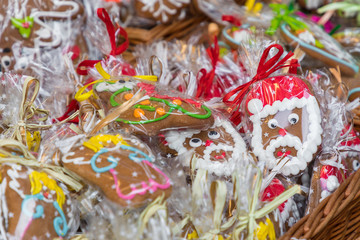 Christmas homemade gingerbread cookies at traditional market in Cracow, Poland. One of the most traditional sweet treats.