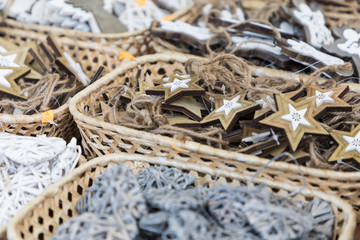 Christmas handmade decorations at a Christmas market in Cracow, Poland.