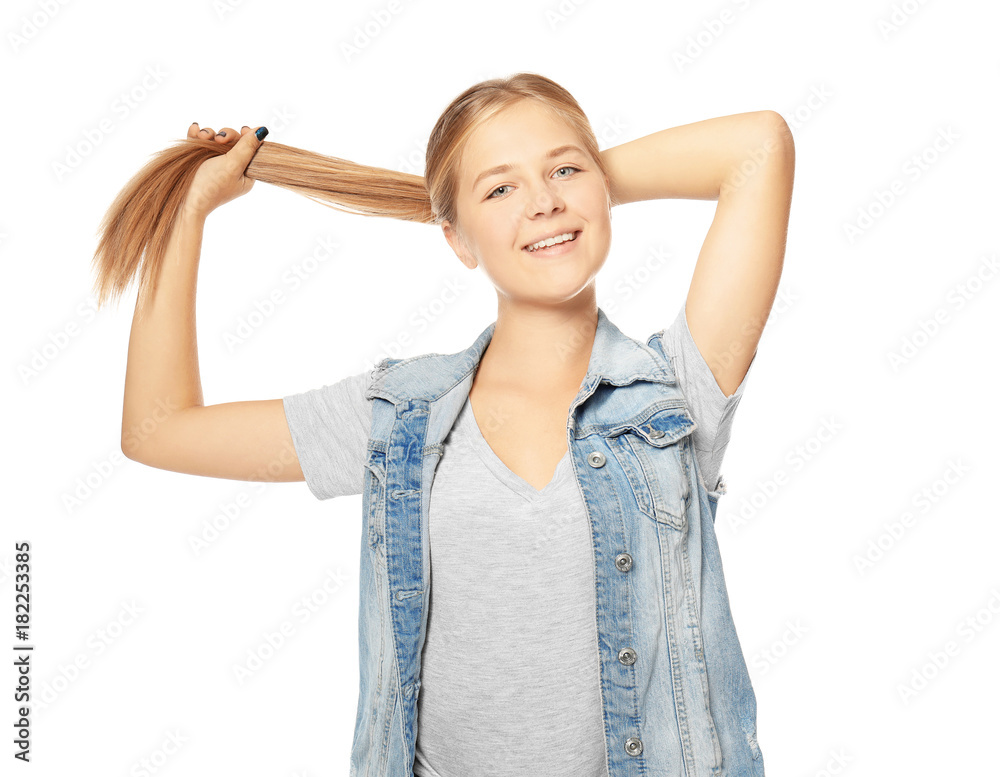 Wall mural Cute teenager girl on white background