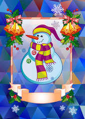 Holiday christmas card with funny snowman on  a colorful mosaic background. 