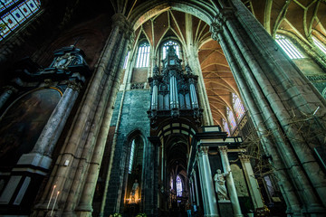 GHENT, BELGIUM - November, 2017: Church and Architecture of Ghent city center. Ghent is medieval city and point of tourist destination in Belgium.