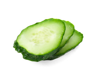 Fresh cucumber slices on white background