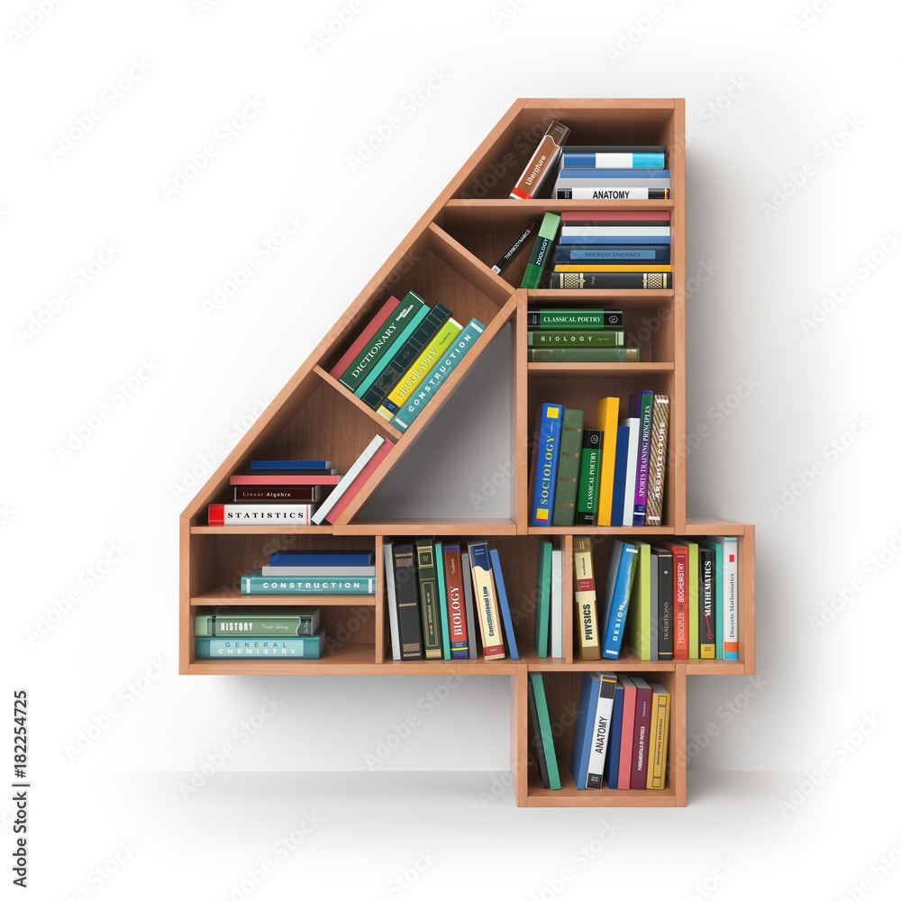Poster number 4 four. alphabet in the form of shelves with books isolated on white.