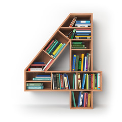 Number 4 four. Alphabet in the form of shelves with books isolated on white. - obrazy, fototapety, plakaty