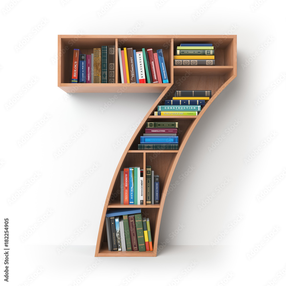 Poster number 7 seven. alphabet in the form of shelves with books isolated on white.