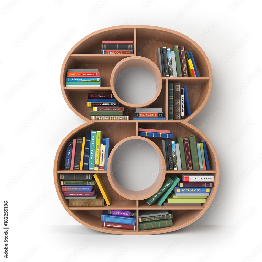 Poster number 8 eight. alphabet in the form of shelves with books isolated on white.