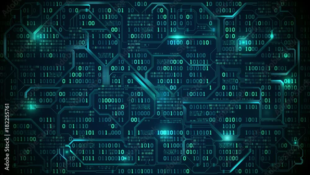 Poster Abstract futuristic electronic circuit board with binary code, neural network and big data - an element of artificial intelligence, matrix background with digits, seamless loop