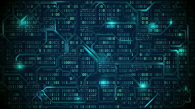 Abstract futuristic electronic circuit board with binary code, neural network and big data - an element of artificial intelligence, matrix background with digits, seamless loop