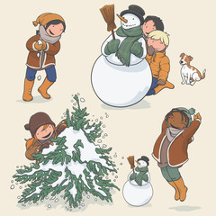 Naklejka premium Children Playing in the Snow Set, Kids, Dog, Snowman with Broom, Winter Games Theme, Character Design Collection, Vector Illustration