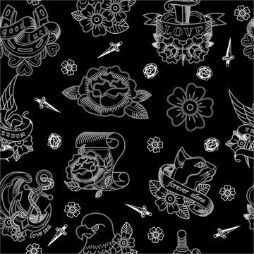 Abstract seamless tattoo pattern for girls, boys, clothes. Creative vector tattoo background with flower, sword, bird, anchor. Funny pattern wallpaper for textile and fabric. Fashion tattoo style.