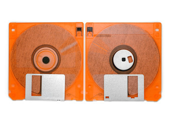 Front and back of floppy disk on white table, old technology and legacy industrial computer...