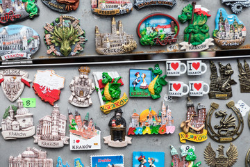 Naklejka premium Artistic magnets souvenir fron Cracow at local traditional market.