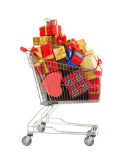 Shopping Trolley with Red and Gold Boxes of Gifts