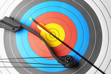 Target with bow and arrow for archery, closeup
