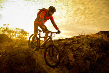 Fototapeta na wymiar Cyclist in Red Riding the Bike on Autumn Rocky Trail at Sunset. Extreme Sport and Enduro Biking Concept.