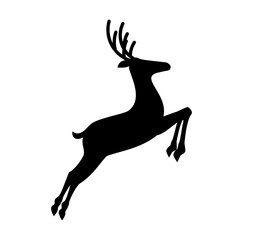 Black profile  silhouette of jumping reindeer  isolated on white background.