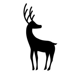 Black silhouette of standing reindeer isolated on white background.
