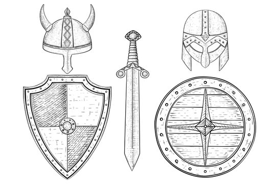 Warrior weapons - old medieval shields, helmets, sword. Hand drawn sketch