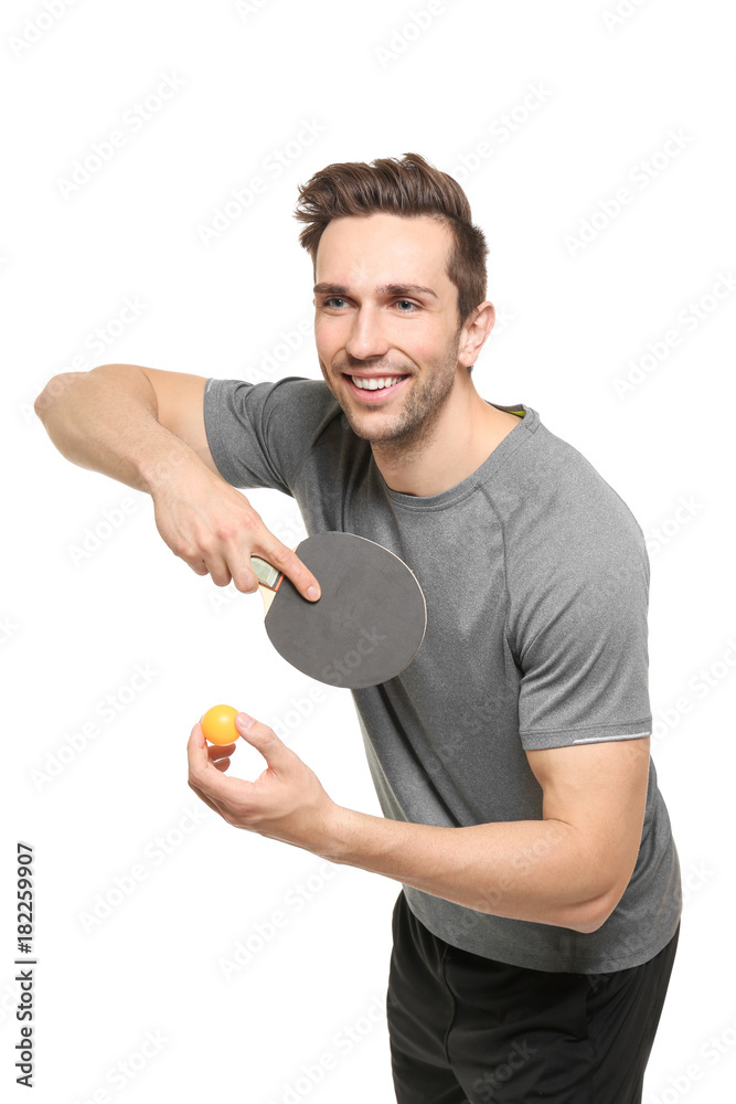 Canvas Prints Young man with tennis racket and ball on white background